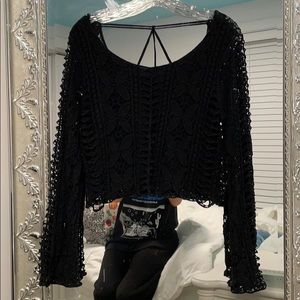 Boho Bell Sleeve Black Crochet Top